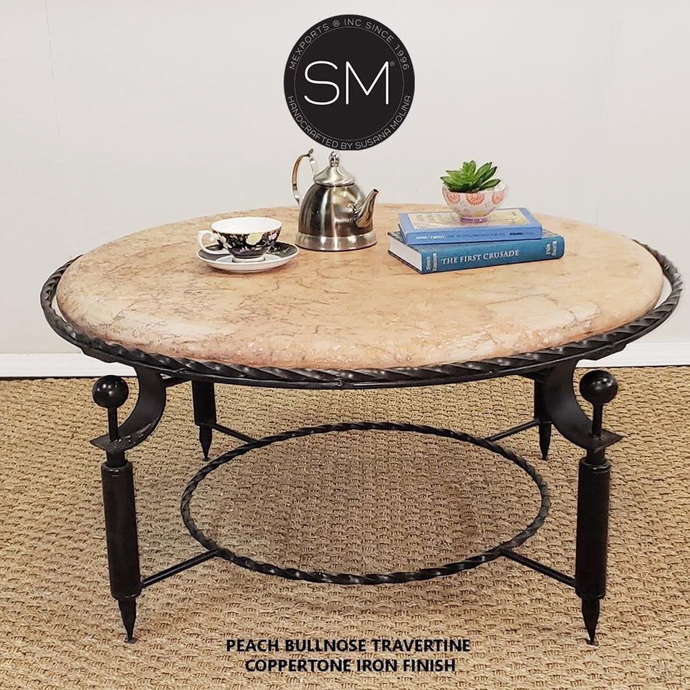 Mexports by Susana Molina 48" Peach Travertine Stone Bullnose Edge Contemporary Round Coffee Table
