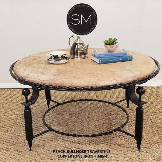 Mexports by Susana Molina 48" Peach Travertine Stone Bullnose Edge Contemporary Round Coffee Table