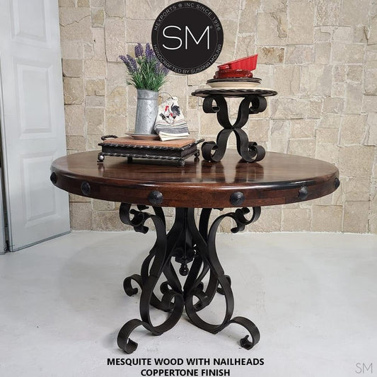 Mexports by Susana Molina 48" RD Mesquite Wood Top No Inlay With Nailheads on Edge Round Dining Table With Iron Base