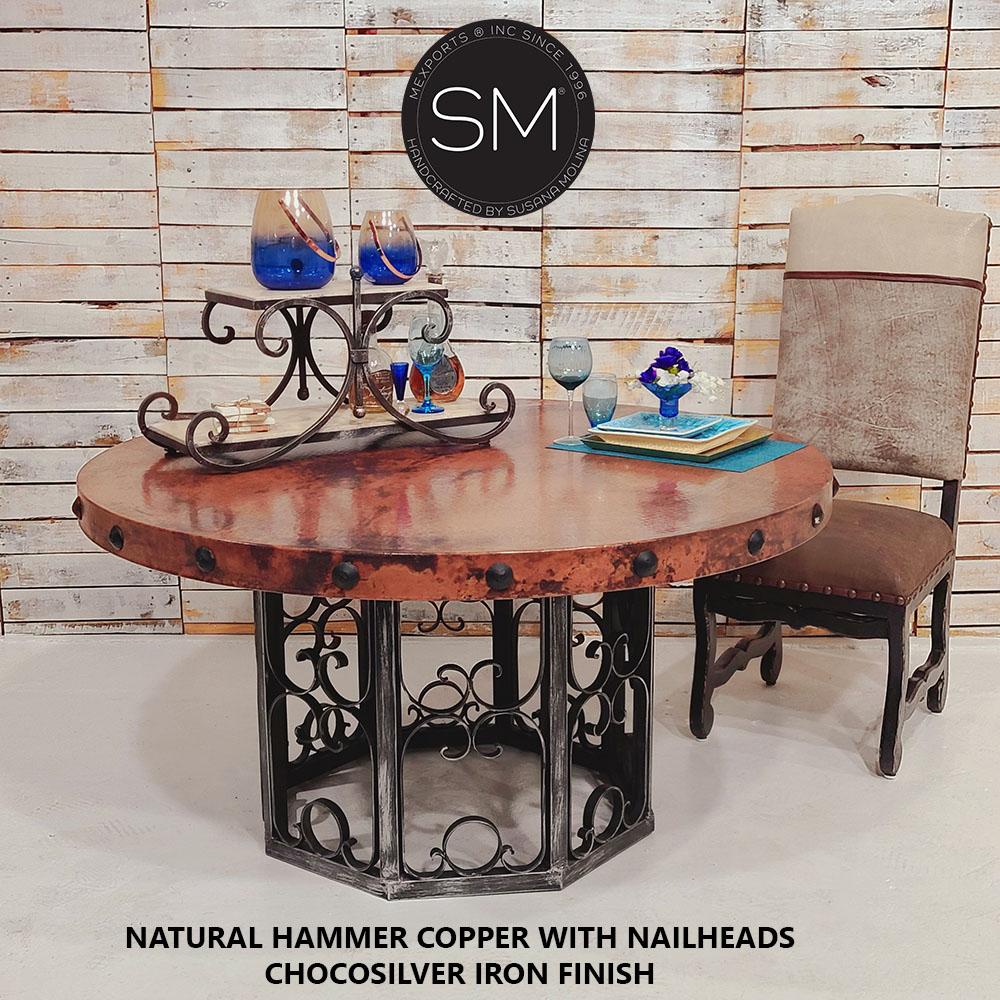 Mexports by Susana Molina 48" RD x 30" H Natural Hammer Copper Top With Nailheads Round Dining Table