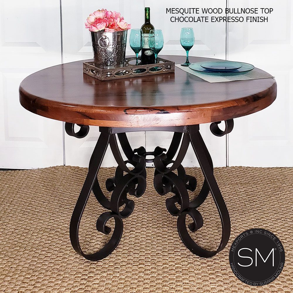 Mexports by Susana Molina 48" Reclaimed Mesquite Wood Turquoise Inlay With Nailheads Round Dining Table