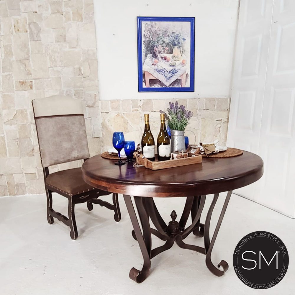 Mexports by Susana Molina 48" Solid Mesquite Wood Gold Citrine Inlay High End Round Dining Table