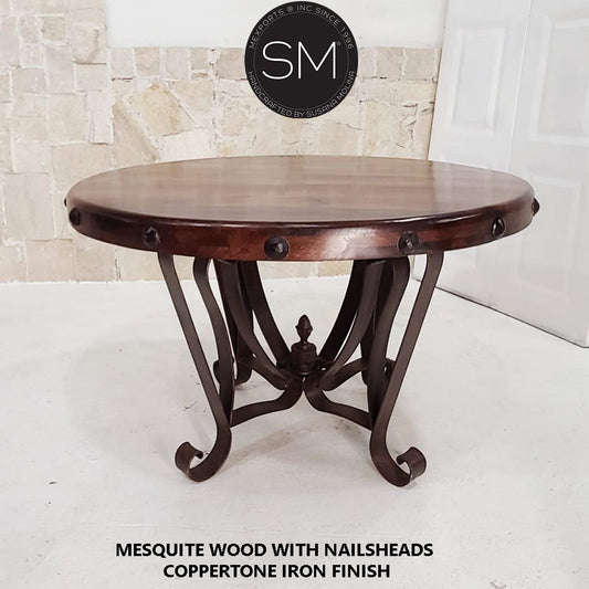 Mexports by Susana Molina 48" Solid Mesquite Wood No Inlay With Nailheads on Edge High End Round Dining Table