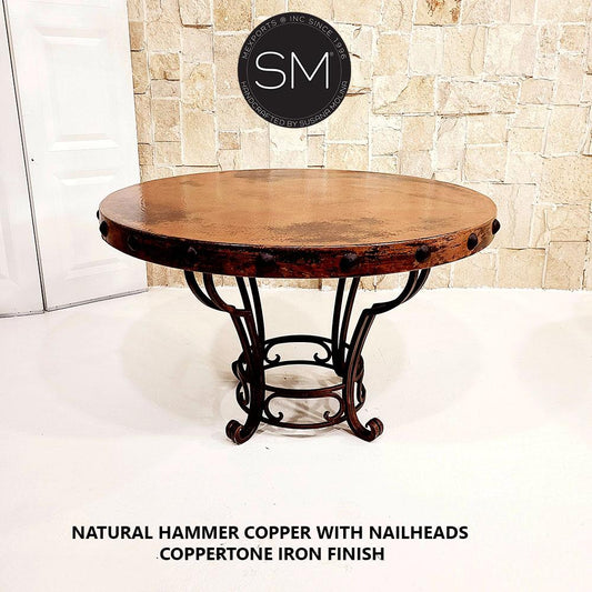 Mexports by Susana Molina 48" x 30" Natural Hammer Copper Top With Nailheads and Iron Base Round Dining Table