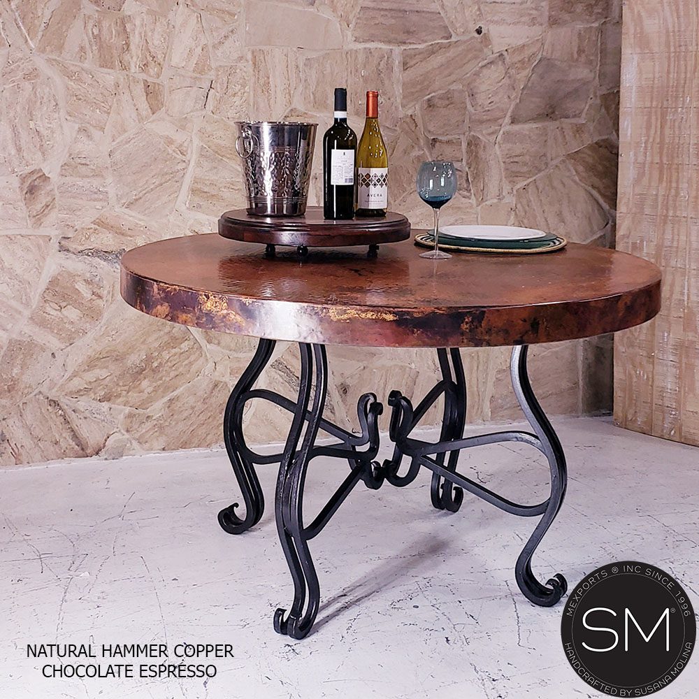 Mexports by Susana Molina 48" x 30" Natural Hammer Copper Top and 4-Leg Iron Base Round Dining Table