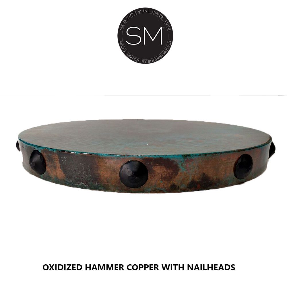 Mexports by Susana Molina 48" x 30" Oxidized Hammer Copper Top With Nailheads and Iron Base Round Dining Table