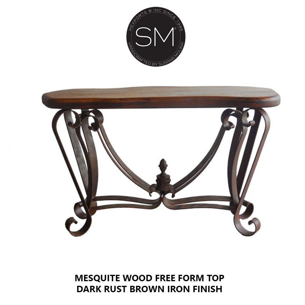 Mexports by Susana Molina 52" Mesquite Wood Top Free Form Edge Red Coral Inlay Console Table