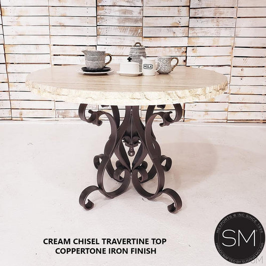 Mexports by Susana Molina 54" Cream Travertine Chisel Edge Round Dining Table With Wrought Iron Base