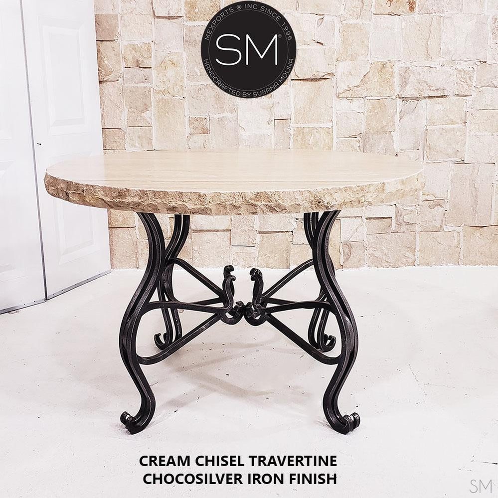 Mexports by Susana Molina 54" Cream Travertine Top Chisel Edge Round Dining Table