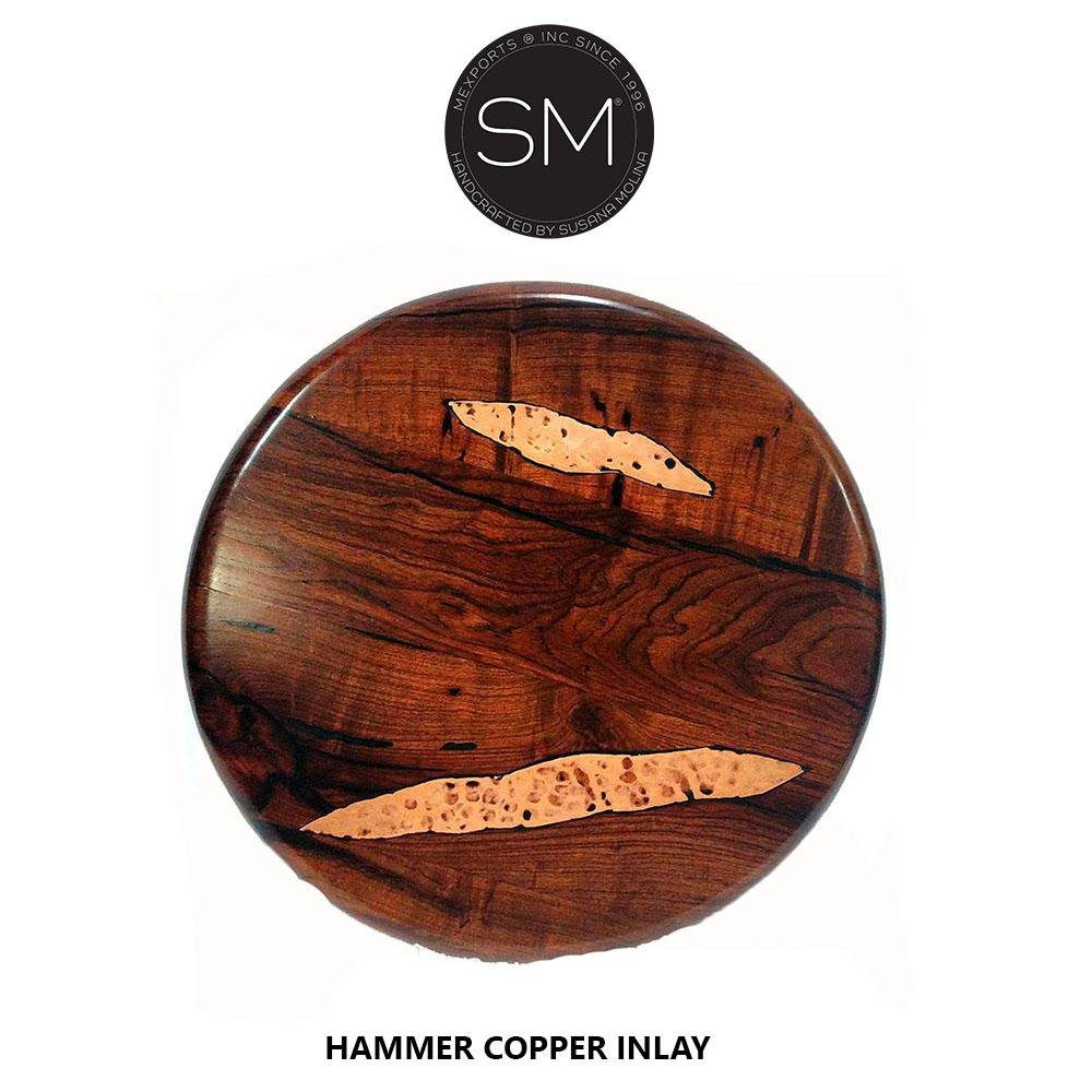 Mexports by Susana Molina 54" Mesquite Wood Bullnose Edge Hammer Copper Inlay With Nailheads Luxury Round Dining Table