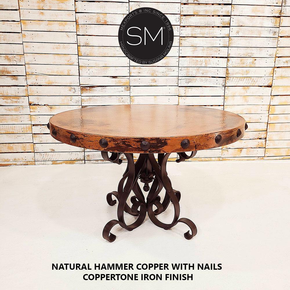 Mexports by Susana Molina 54" Natural Hammer Copper With Nailheads on Edge Round Dining Table