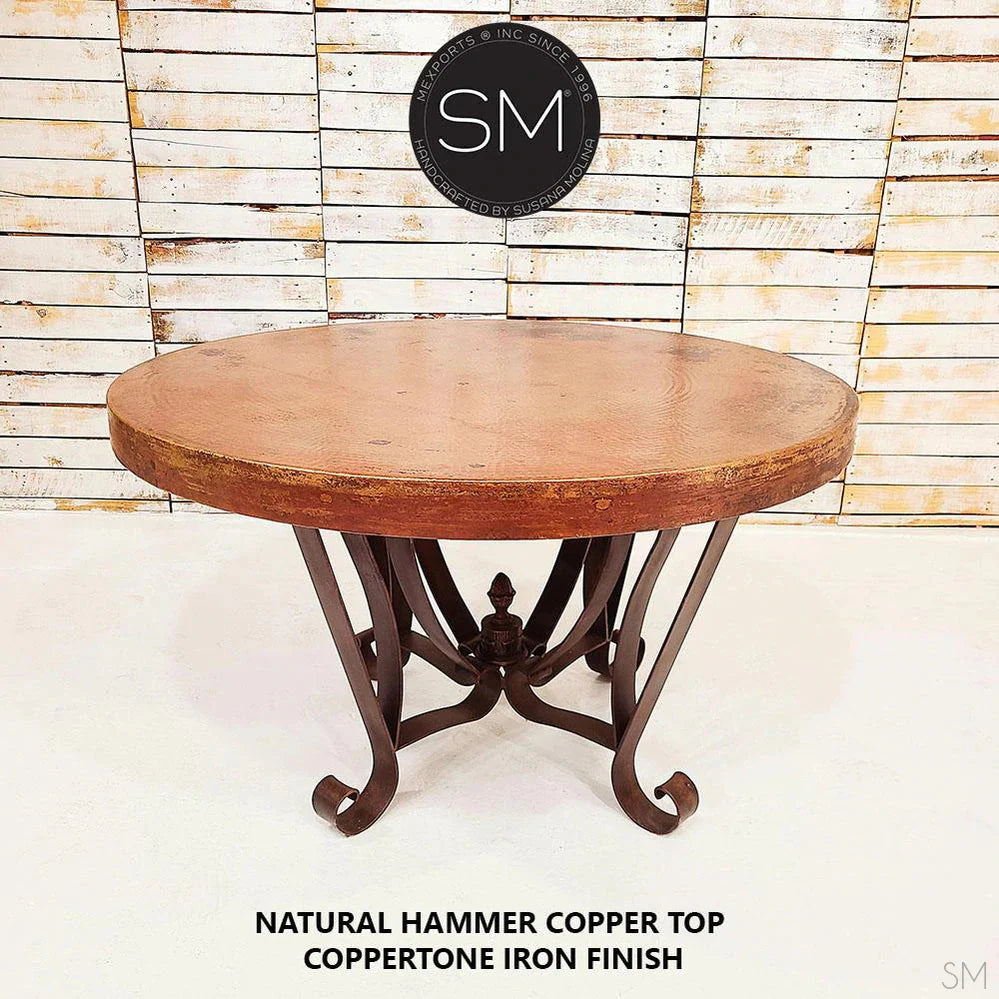 Mexports by Susana Molina 54" Natural Hammered Copper Luxury Round Dining Table With Flat Wrought Iron Base