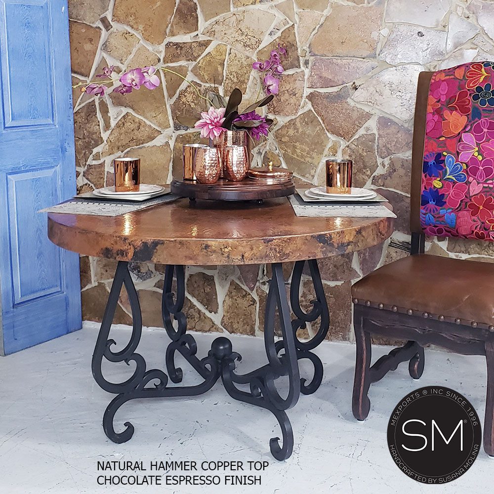 Mexports by Susana Molina 54" Natural Hammered Copper Round Dining Table With Scroll Legs and Nailheads on Edge