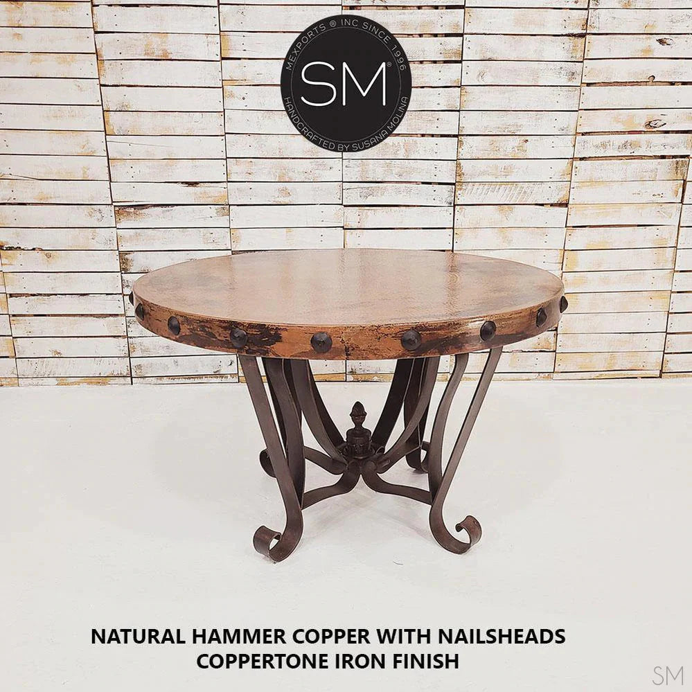 Mexports by Susana Molina 54" Natural Hammered Copper With Nailheads Luxury Round Dining Table With Flat Wrought Iron Base