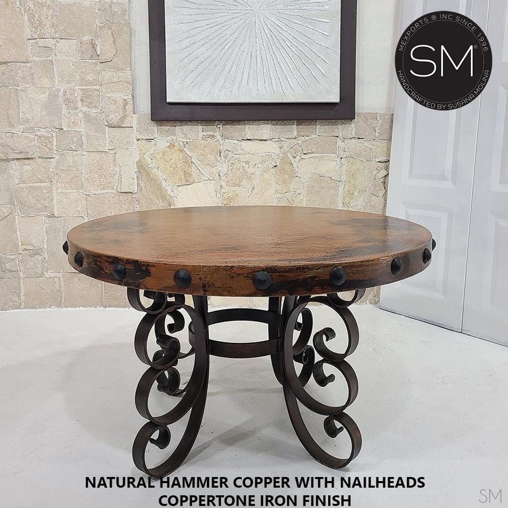 Mexports by Susana Molina 54" Natural Hammered Copper With Nailheads on Edge Round Dining Table With Hand-Forged Base