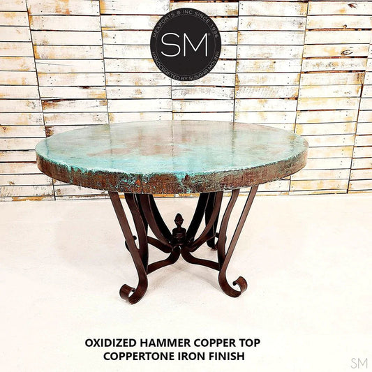 Mexports by Susana Molina 54" Oxidized Hammered Copper Luxury Round Dining Table With Flat Wrought Iron Base