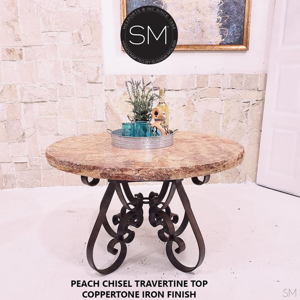 Mexports by Susana Molina 54" Peach Travertine Chisel Edge Round Vintage Outdoor Dining Table