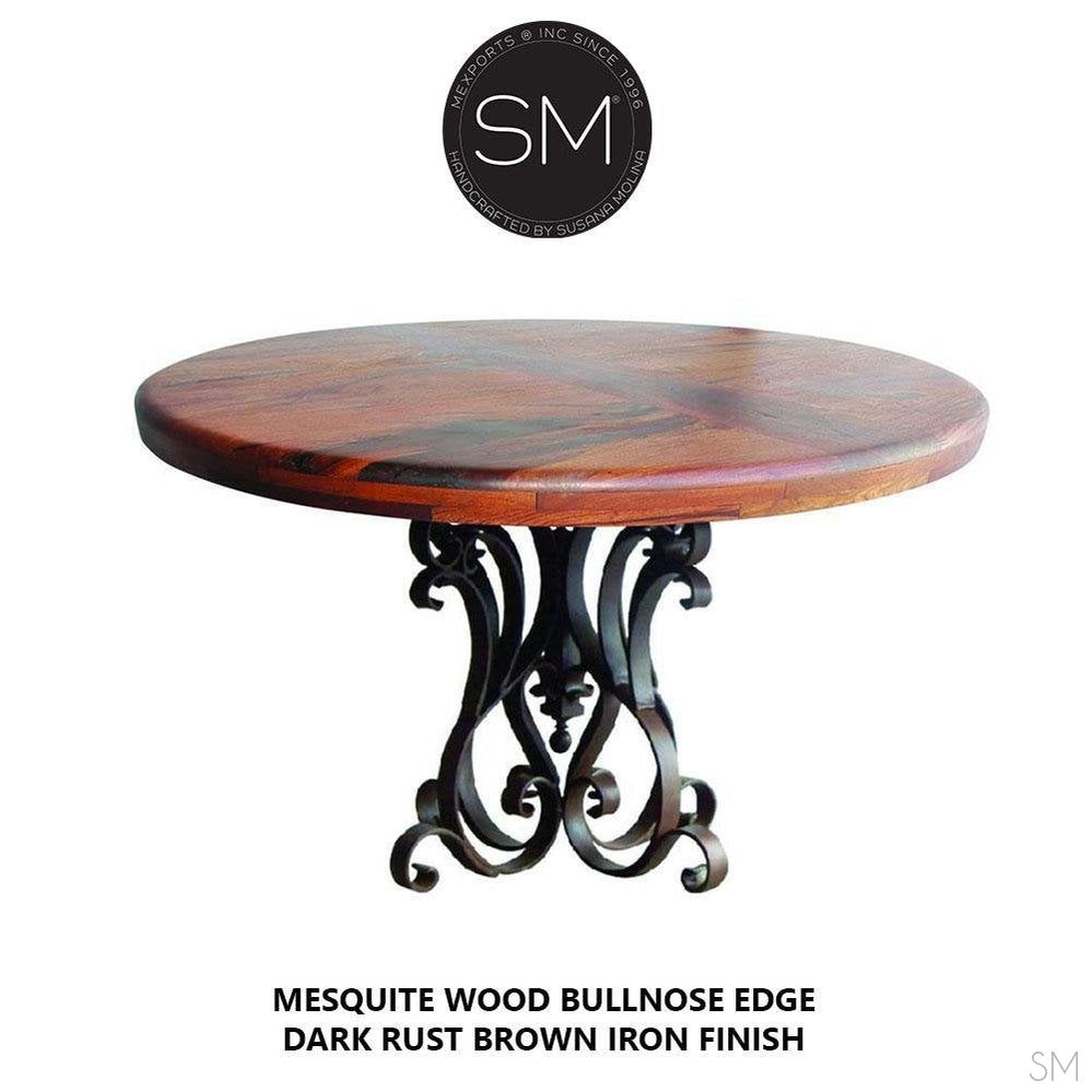 Mexports by Susana Molina 54" RD Mesquite Wood Top Hammer Copper Inlay Round Dining Table With Iron Base