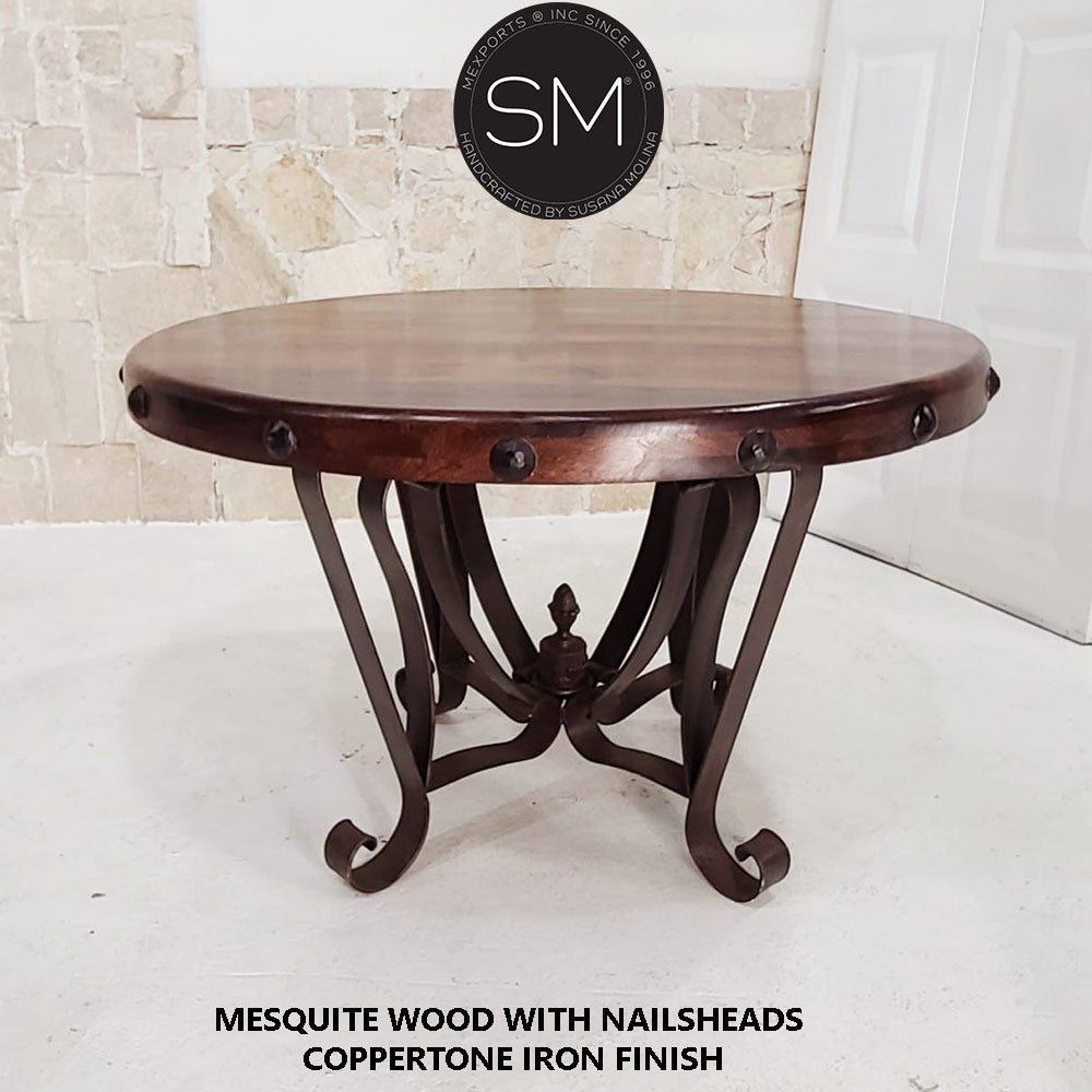 Mexports by Susana Molina 54" Solid Mesquite Wood Red Coral Inlay With Nailheads on Edge High End Round Dining Table