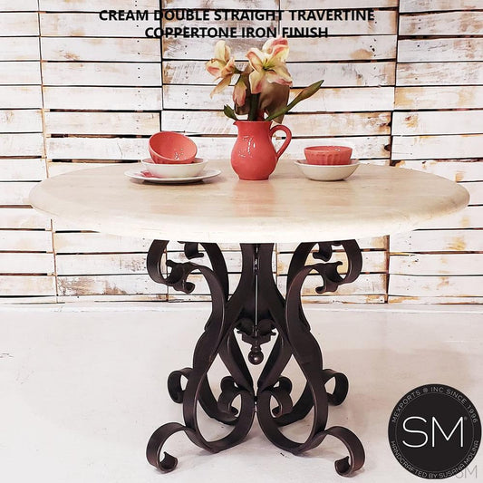 Mexports by Susana Molina 60" Cream Travertine Bullnose Edge Round Dining Table With Wrought Iron Base