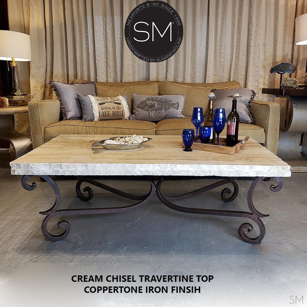 Mexports by Susana Molina 60" Cream Travertine Stone Bullnose Edge Elegant Rectangular Coffee Table