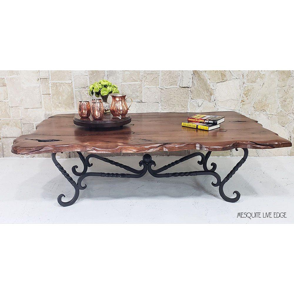 Mexports by Susana Molina 60" Mesquite Wood Top Live Edge Turquoise Inlay Elegant Rectangular Coffee Table