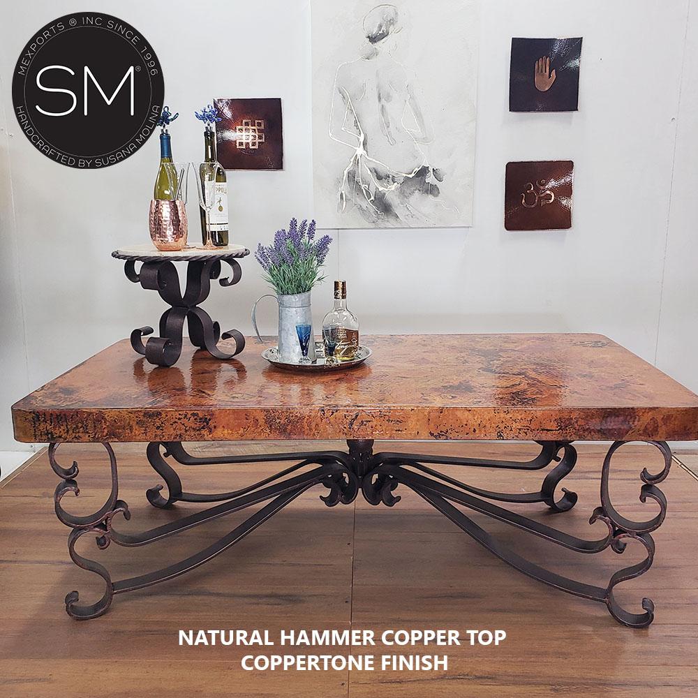 Mexports by Susana Molina 60" Natural Hammer Copper Top Elegant Rectangular Coffee Table