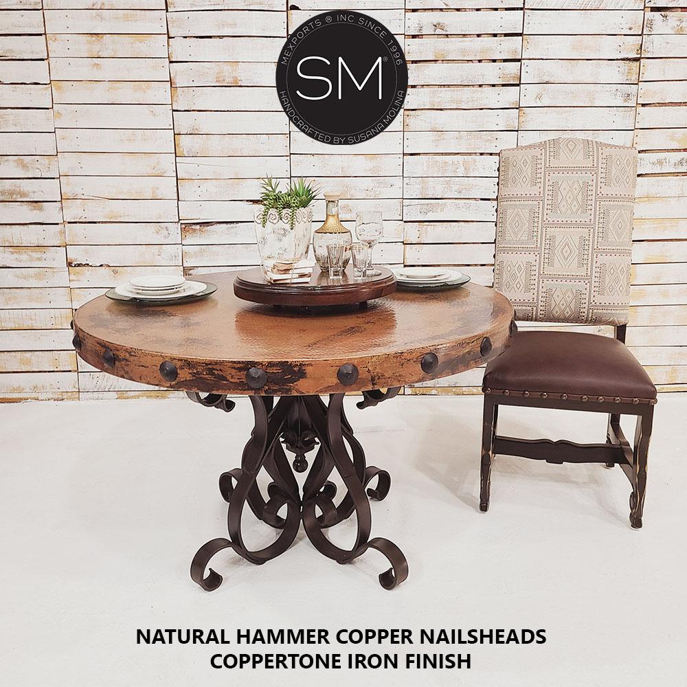 Mexports by Susana Molina 60" Natural Hammer Copper With Nailheads on Edge Round Dining Table