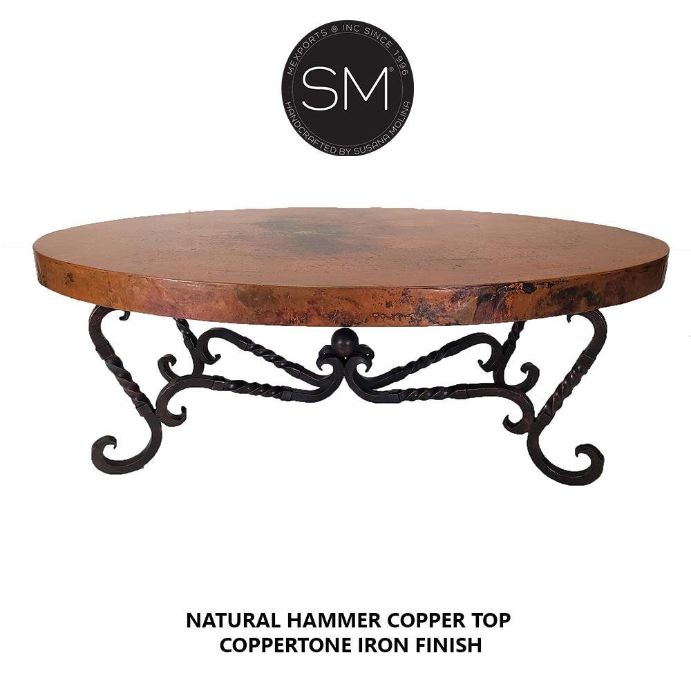 Mexports by Susana Molina 60" Natural Hammered Copper Oval Coffee Table With Iron Legs