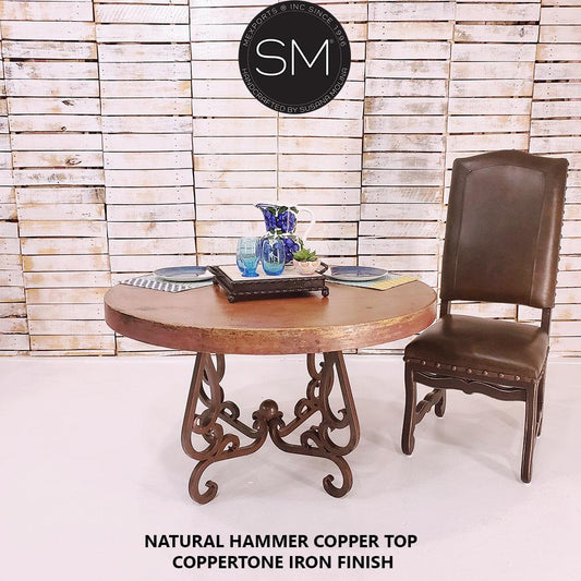 Mexports by Susana Molina 60" Natural Hammered Copper Round Dining Table With Scroll Legs