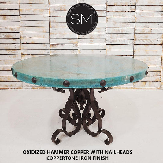 Mexports by Susana Molina 60" Oxidized Hammer Copper With Nialheads on Edge Round Dining Table