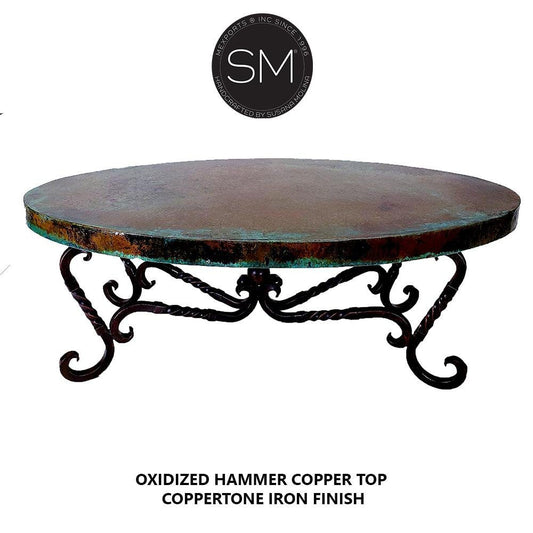 Mexports by Susana Molina 60" Oxidized Hammered Copper Oval Coffee Table With Iron Legs