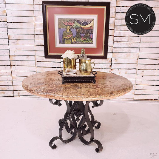 Mexports by Susana Molina 60" Peach Travertine Bullnose Edge Round Dining Table With Wrought Iron Base