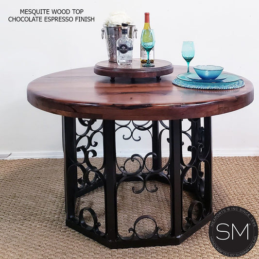 Mexports by Susana Molina 60" RD Mesquite Wood Top No Inlay Round Dining Table With Wrought Iron Base