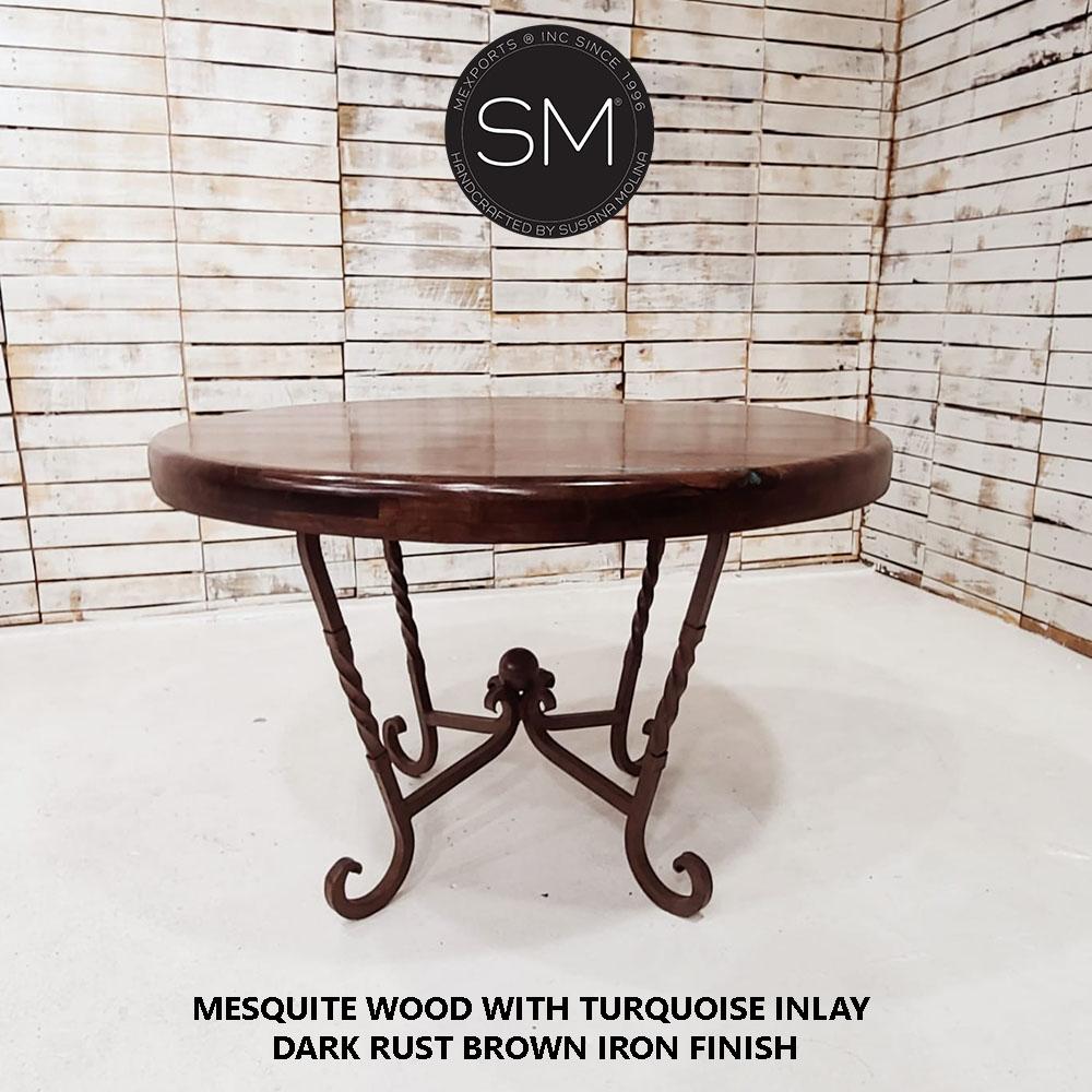 Mexports by Susana Molina 60" RD Rustic Mesquite Wood Top Turquoise Inlay With Nailheads Round Dining Table