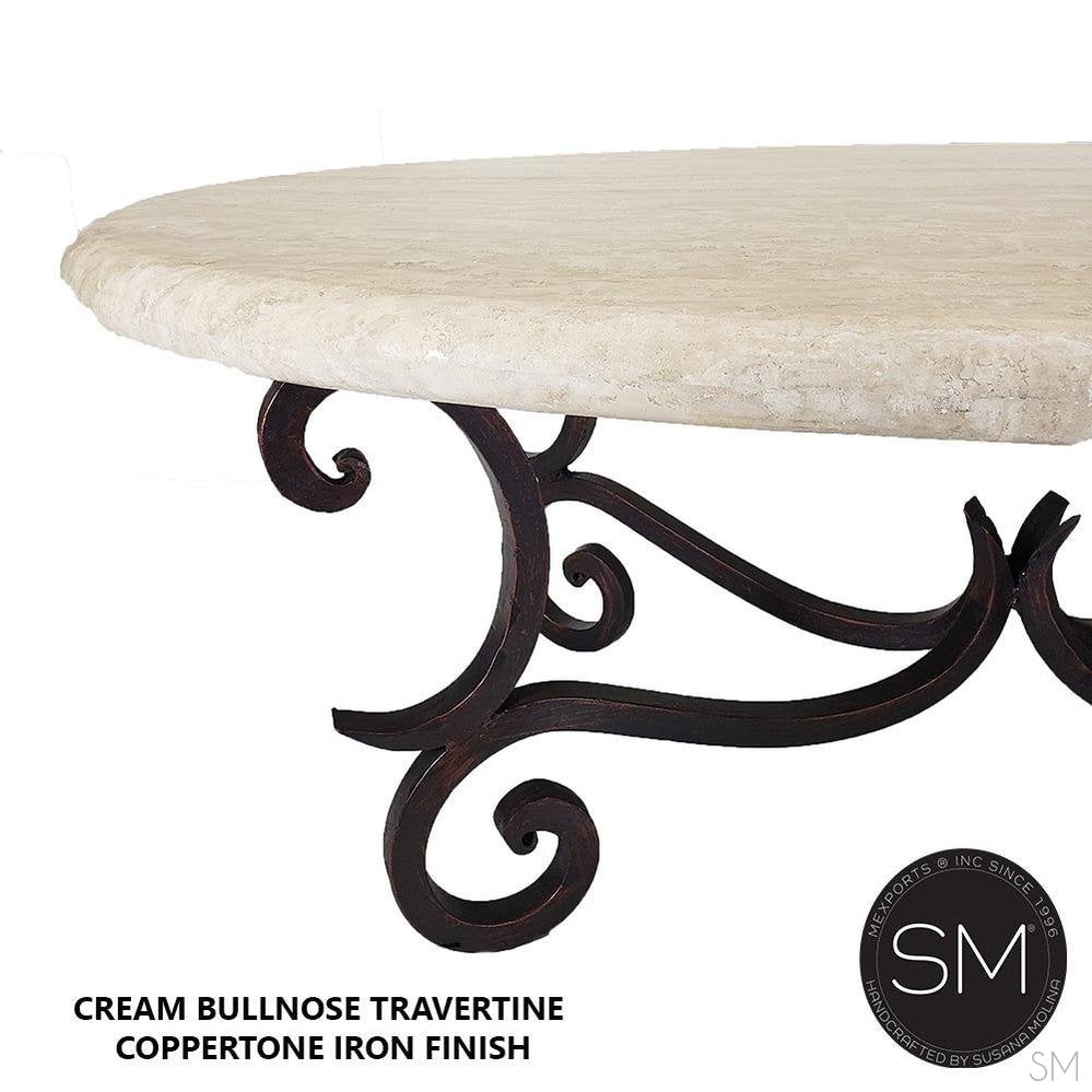 Mexports by Susana Molina 60" W x 32" L Cream Travertine Bullnose Edge Antique Design Oval Coffee Table