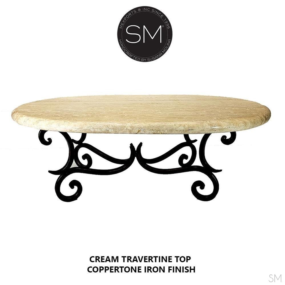 Mexports by Susana Molina 60" W x 32" L Cream Travertine Bullnose Edge Antique Design Oval Coffee Table