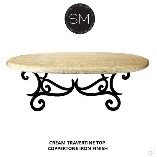 Mexports by Susana Molina 60" W x 32" L Cream Travertine Bullnose Edge Antique Design Oval Coffee Table