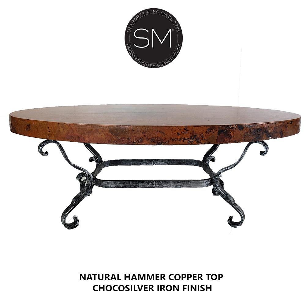 Mexports by Susana Molina 60" W x 32" L Oxidized Hammer Copper Top With Nailheads on Edge Oval Coffee Table