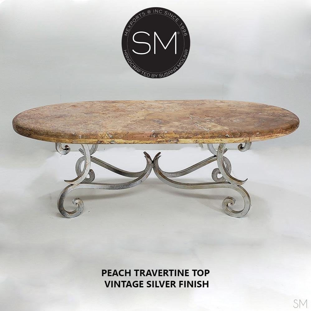 Mexports by Susana Molina 60" W x 32" L Peach Travertine Chisel Edge Antique Design Oval Coffee Table