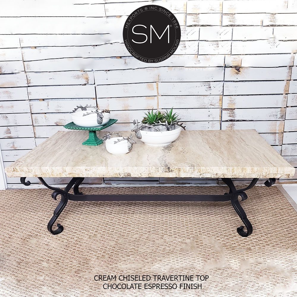 Mexports by Susana Molina 60" x 32" Cream Travertine Top Chisel Edge Rectangular Coffee Table