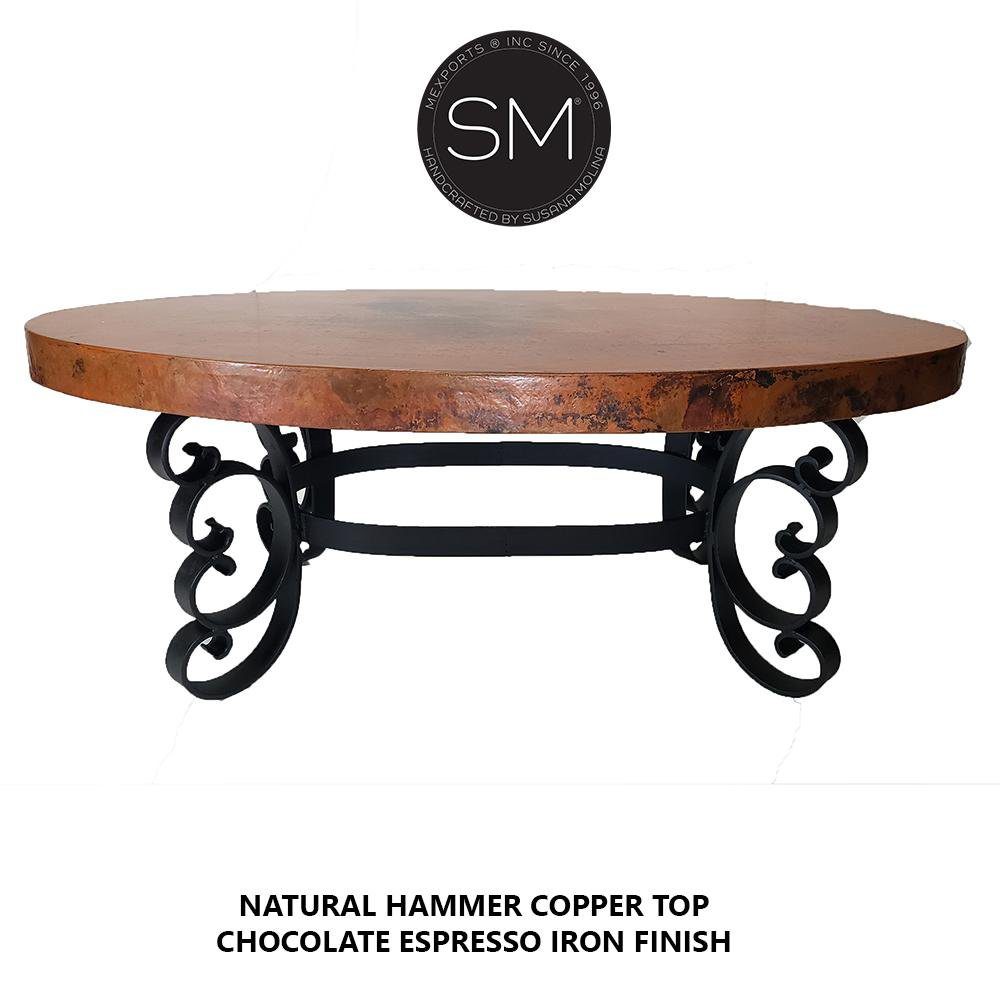 Mexports by Susana Molina 60" x 32" Oxidized Hammer Copper Top With Nailheads on Edge Oval Contemporary Coffee Table