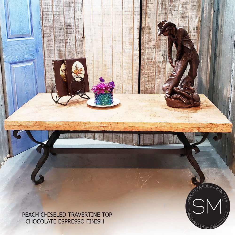 Mexports by Susana Molina 60" x 32" Peach Travertine Top Chisel Edge Rectangular Coffee Table