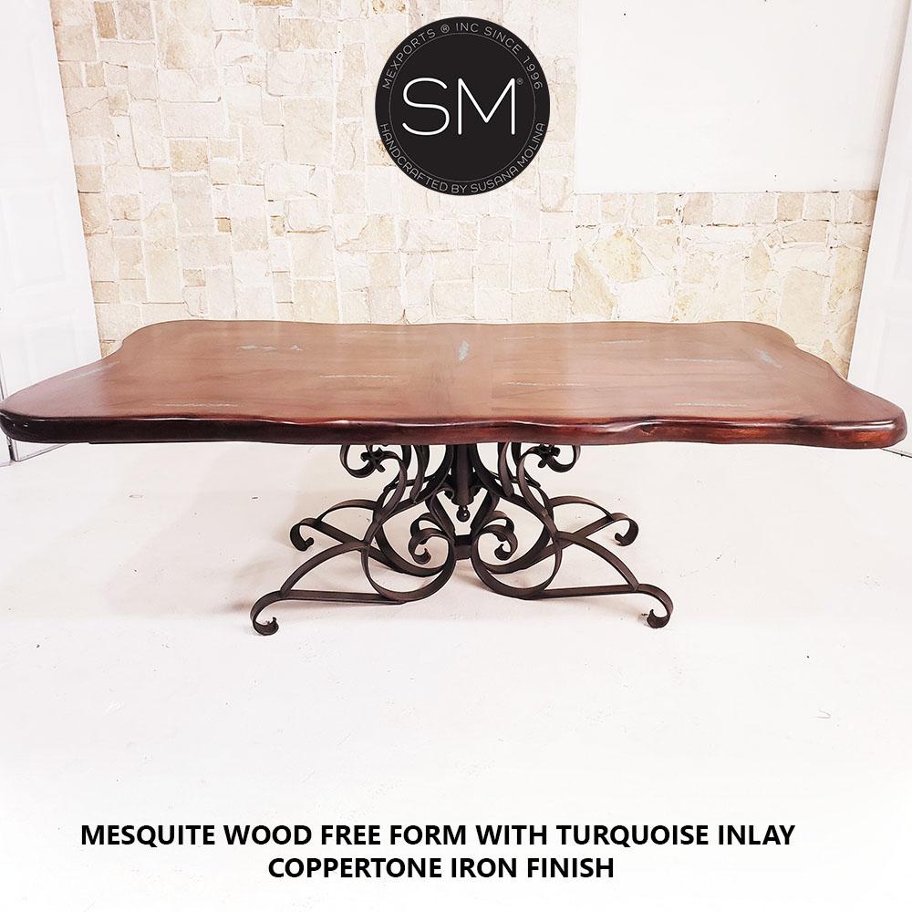 Mexports by Susana Molina 72" Mesquite Wood Top Free Form Edge Hammer Copper Inlay Single Pedestal Rectangular Dining Table
