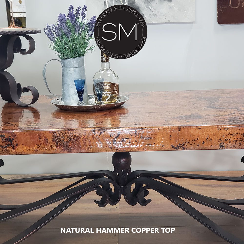 Mexports by Susana Molina 72" Natural Hammer Copper Top Elegant Rectangular Coffee Table