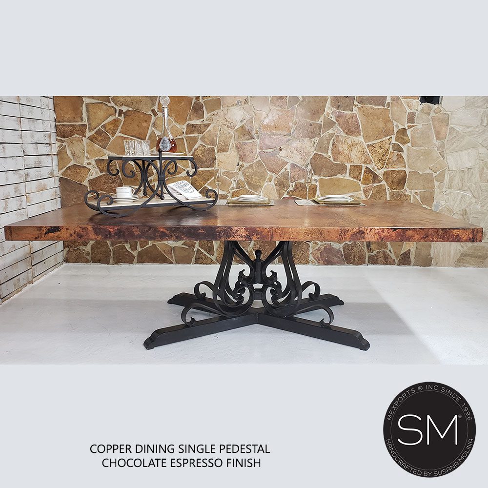 Mexports by Susana Molina 72" Natural Hammer Copper Top With Nailheads on Edge Rectangular Dining Table With Wrought Iron Base