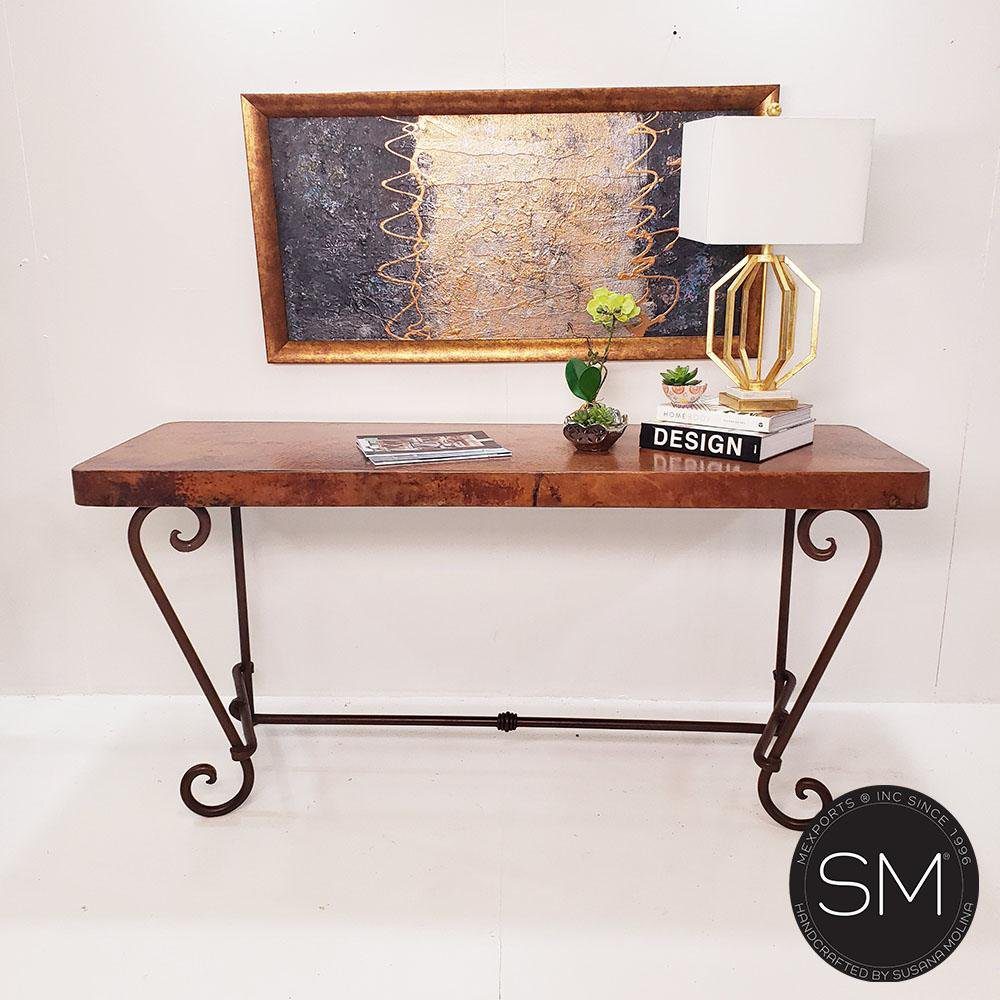 Mexports by Susana Molina 72" Natural Hammered Copper Rectangular Console Table With Vintage Iron Base
