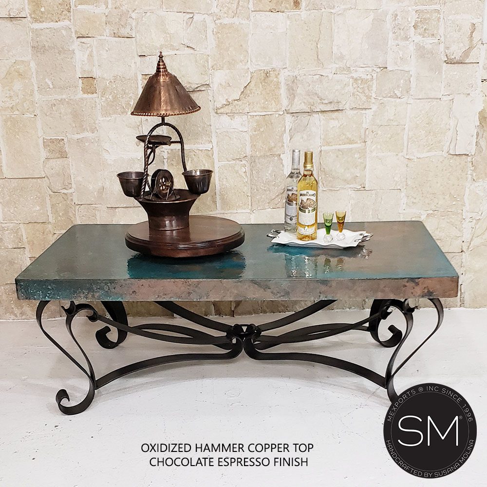 Mexports by Susana Molina 72" Oxidized Hammer Copper Top With Nailheads on Edge Rectangular Coffee Table