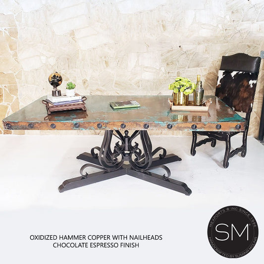 Mexports by Susana Molina 72" Oxidized Hammer Copper Top With Nailheads on Edge Rectangular Dining Table With Wrought Iron Base