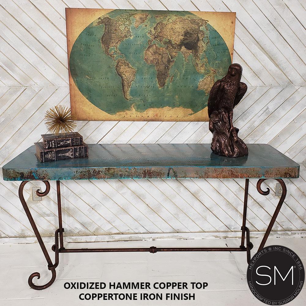 Mexports by Susana Molina 72" Oxidized Hammered Copper Rectangular Console Table With Vintage Iron Base